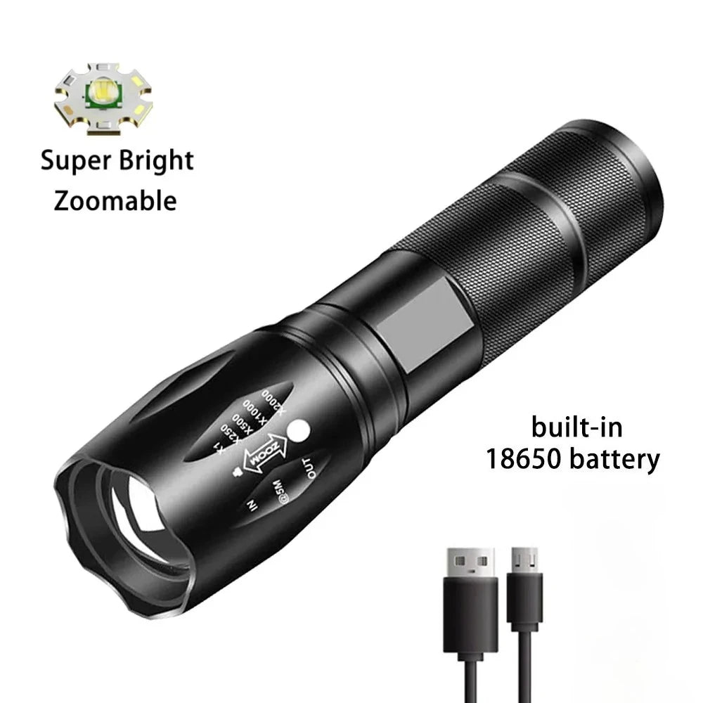 Powerful LED Flashlight Aluminum Alloy Portable Torch USB ReChargeable Outdoor Camping Tactical Flash Light - silverfoxgoods